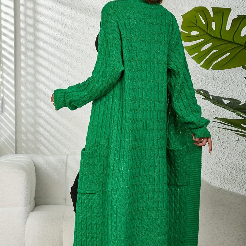 Women’s Medium Emerald Green Cable-Knit Maxi Cardigan Open-Front Sweater - Picture 8 of 11